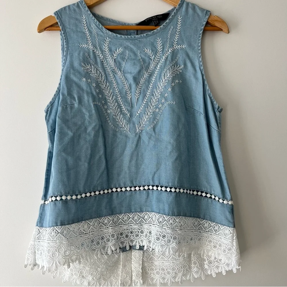 Forever New Blue Denim-like & Lace Top Size 12 - Picture 1 of 7